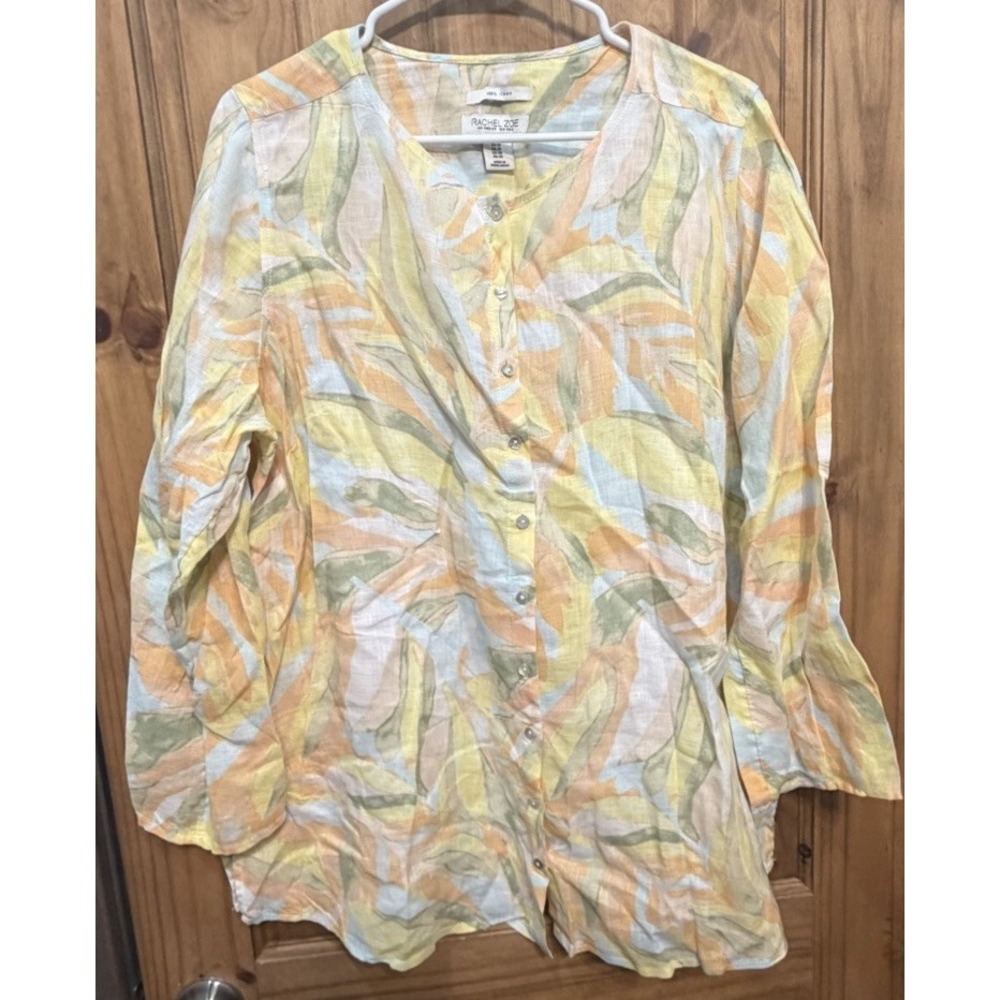 Rachel Zoe 1X 100% Linen Blouse Tropical Floral Button Front Roll Tab